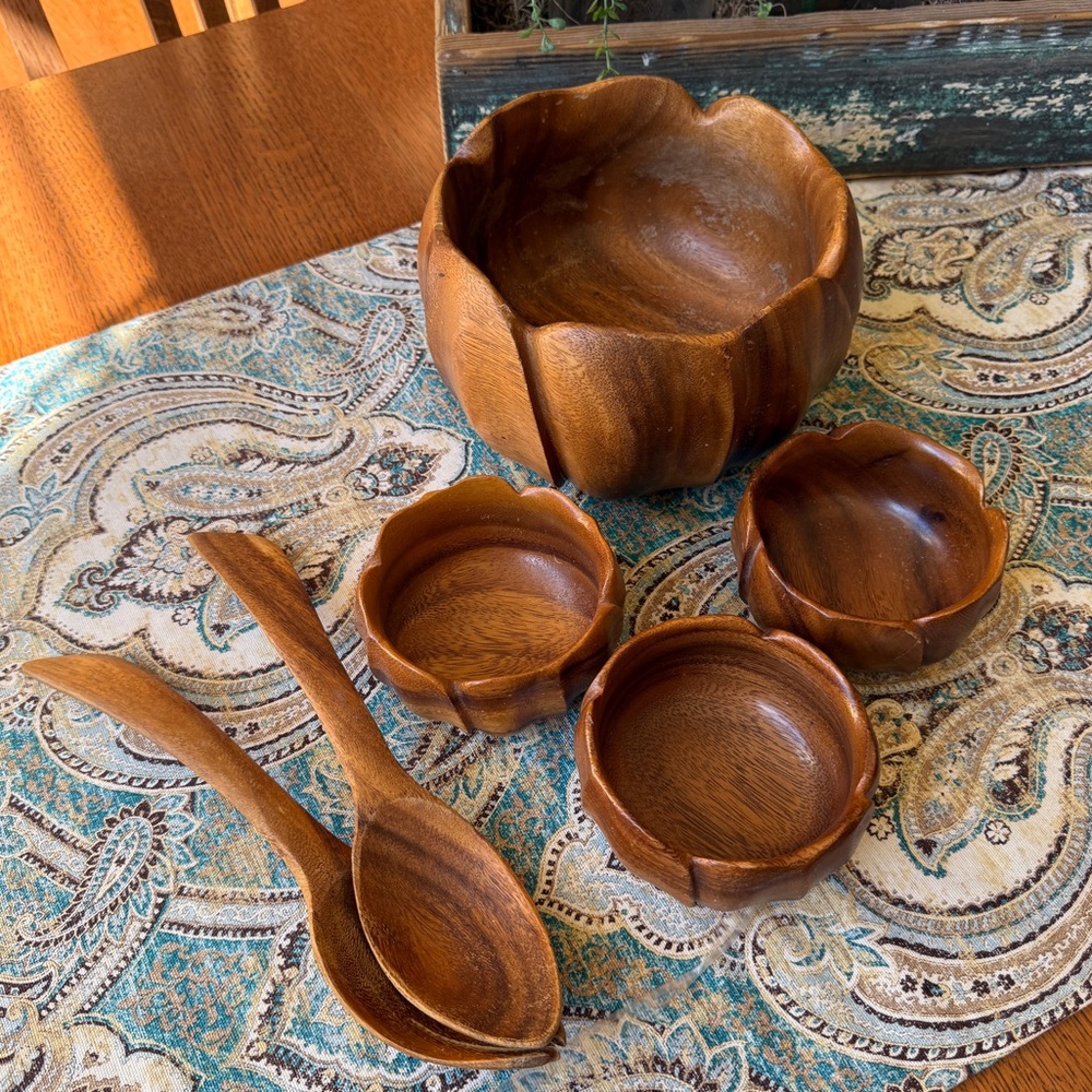 Blair Hawaiian Monkey Pod Wood Salad Bowl Set Mid Century 6 Pc Set 1960s 1970s